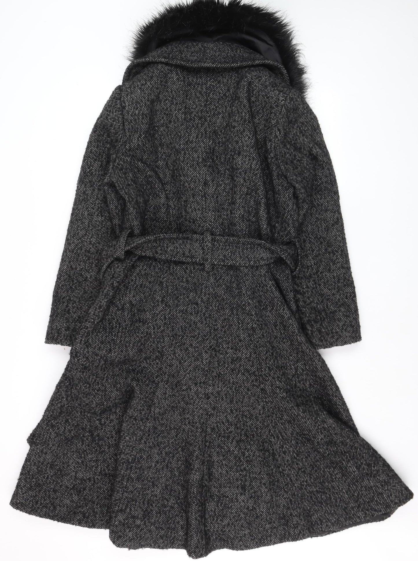 Gallery Women’s Grey Wool Blend Belted Faux Fur Collar Long Coat Size 12