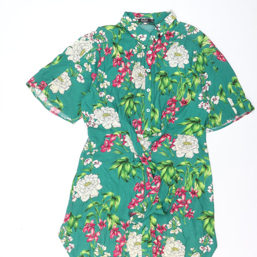 Bershka Women’s Green Floral Collared Button-Up Tunic Shirt Size L