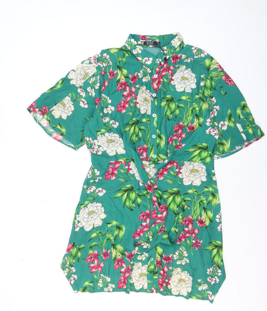 Bershka Women’s Green Floral Collared Button-Up Tunic Shirt Size L