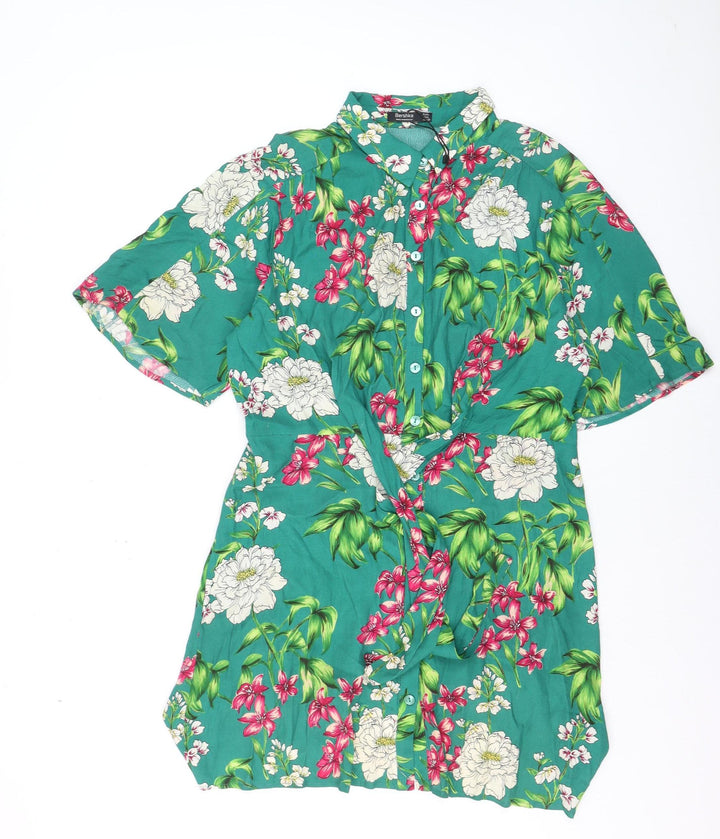 Bershka Women’s Green Floral Collared Button-Up Tunic Shirt Size L