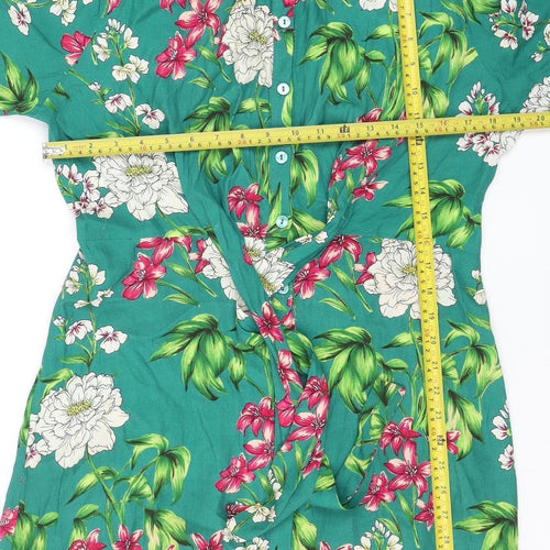 Bershka Women’s Green Floral Collared Button-Up Tunic Shirt Size L