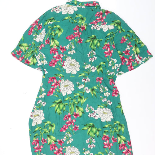 Bershka Women’s Green Floral Collared Button-Up Tunic Shirt Size L