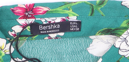 Bershka Women’s Green Floral Collared Button-Up Tunic Shirt Size L