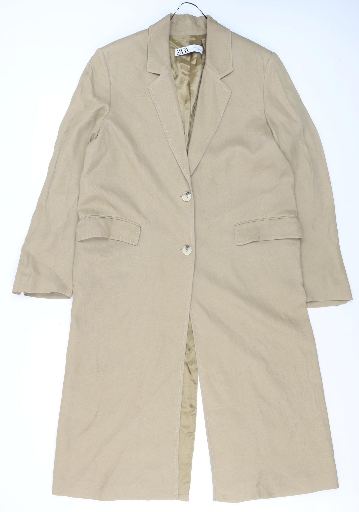 ZARA Women Beige Long Overcoat Size S Classic Business Style