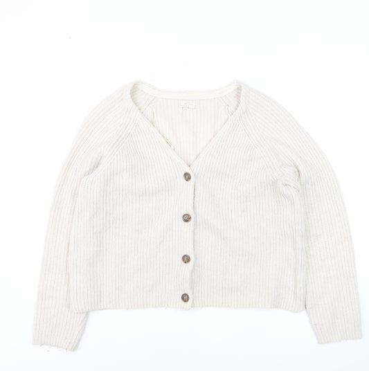 Fat Face Women Ivory Chunky Knit Cardigan Size 14 V-Neck Alpaca Blend