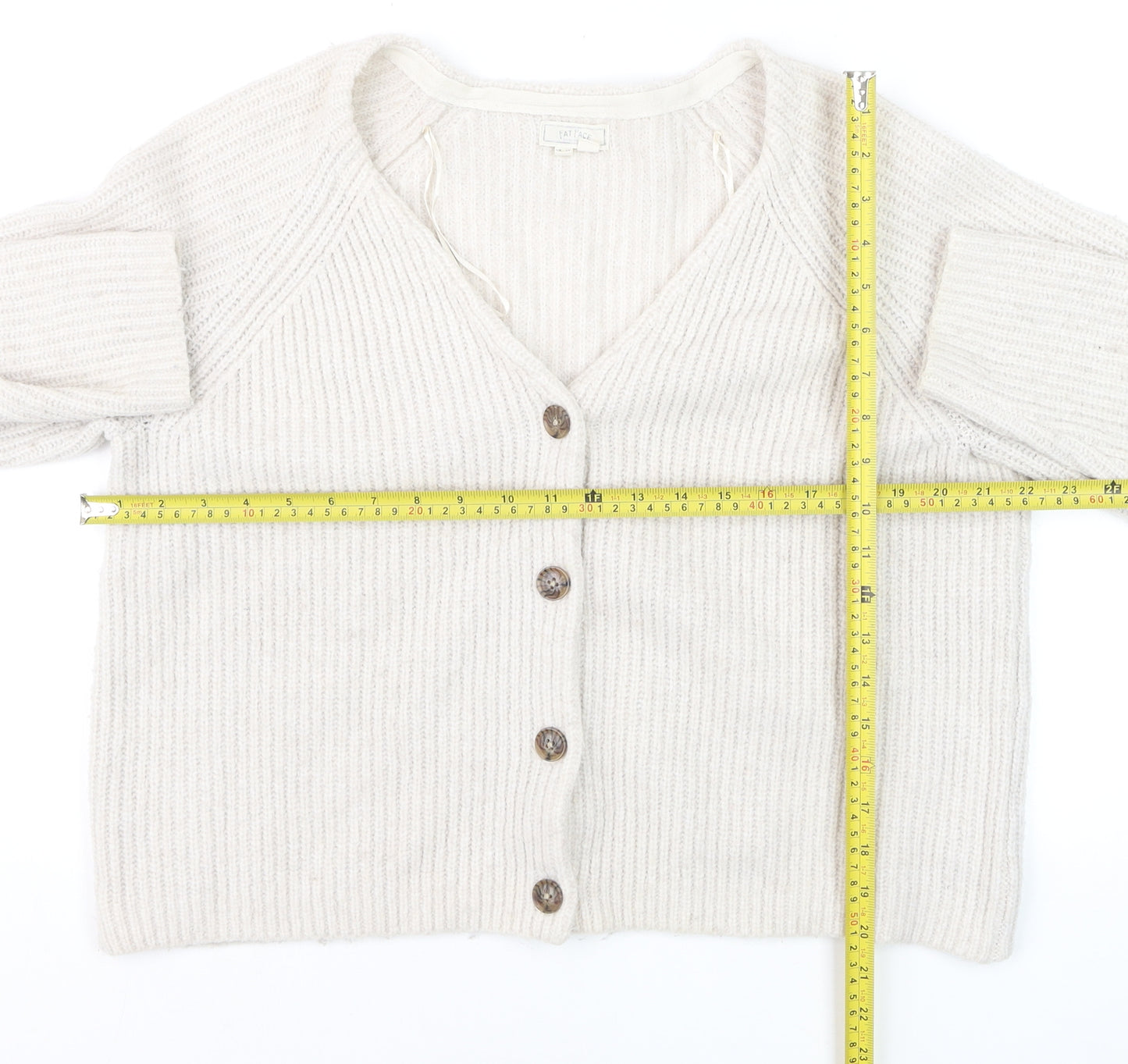 Fat Face Women Ivory Chunky Knit Cardigan Size 14 V-Neck Alpaca Blend