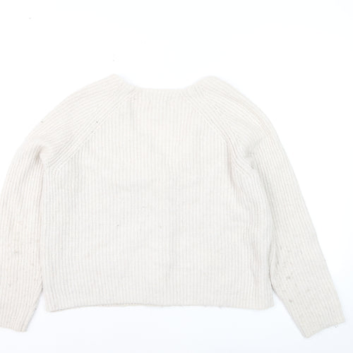 Fat Face Women Ivory Chunky Knit Cardigan Size 14 V-Neck Alpaca Blend