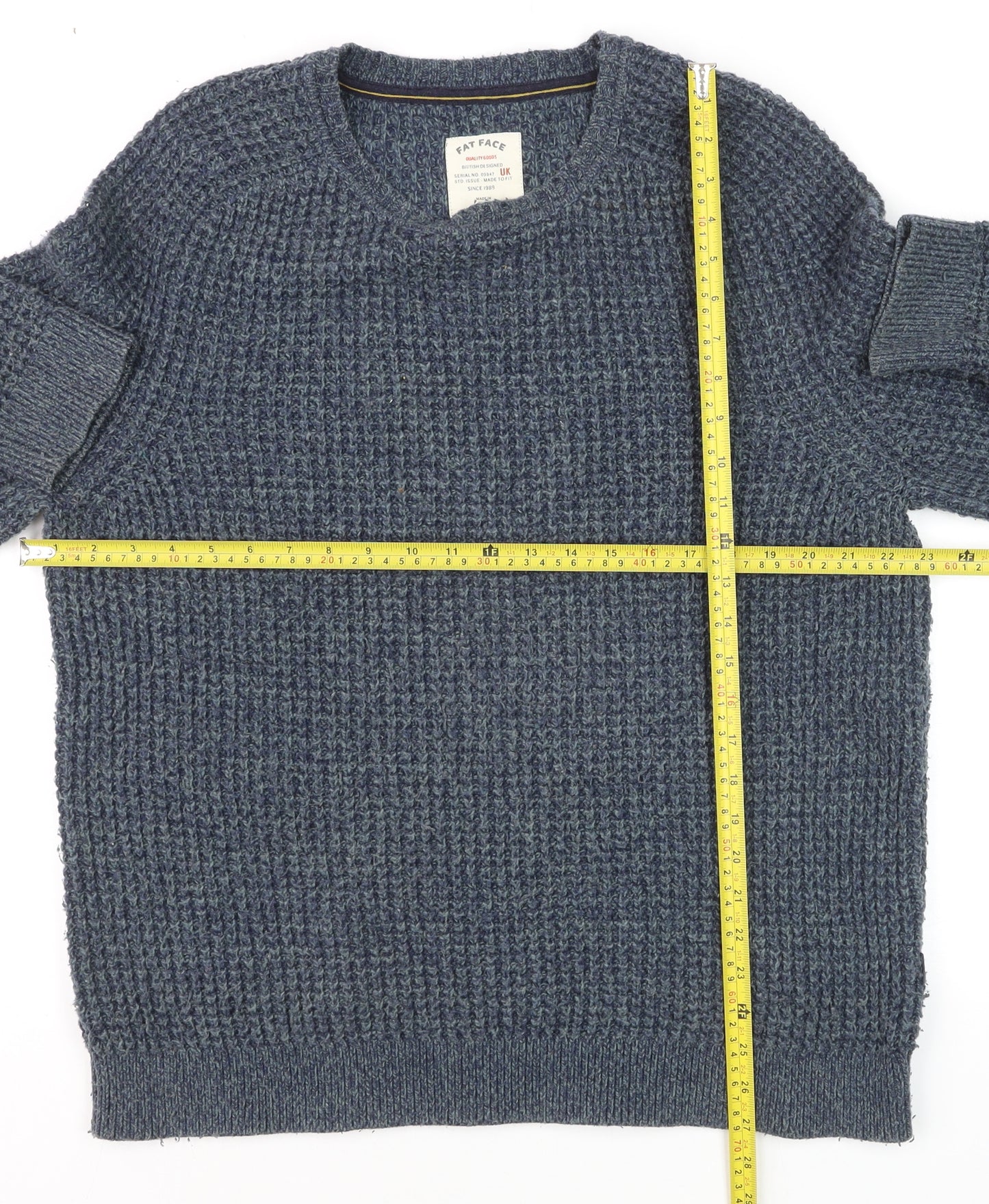 Fat Face Men's Blue Waffle-Knit Wool Pullover Jumper Size M