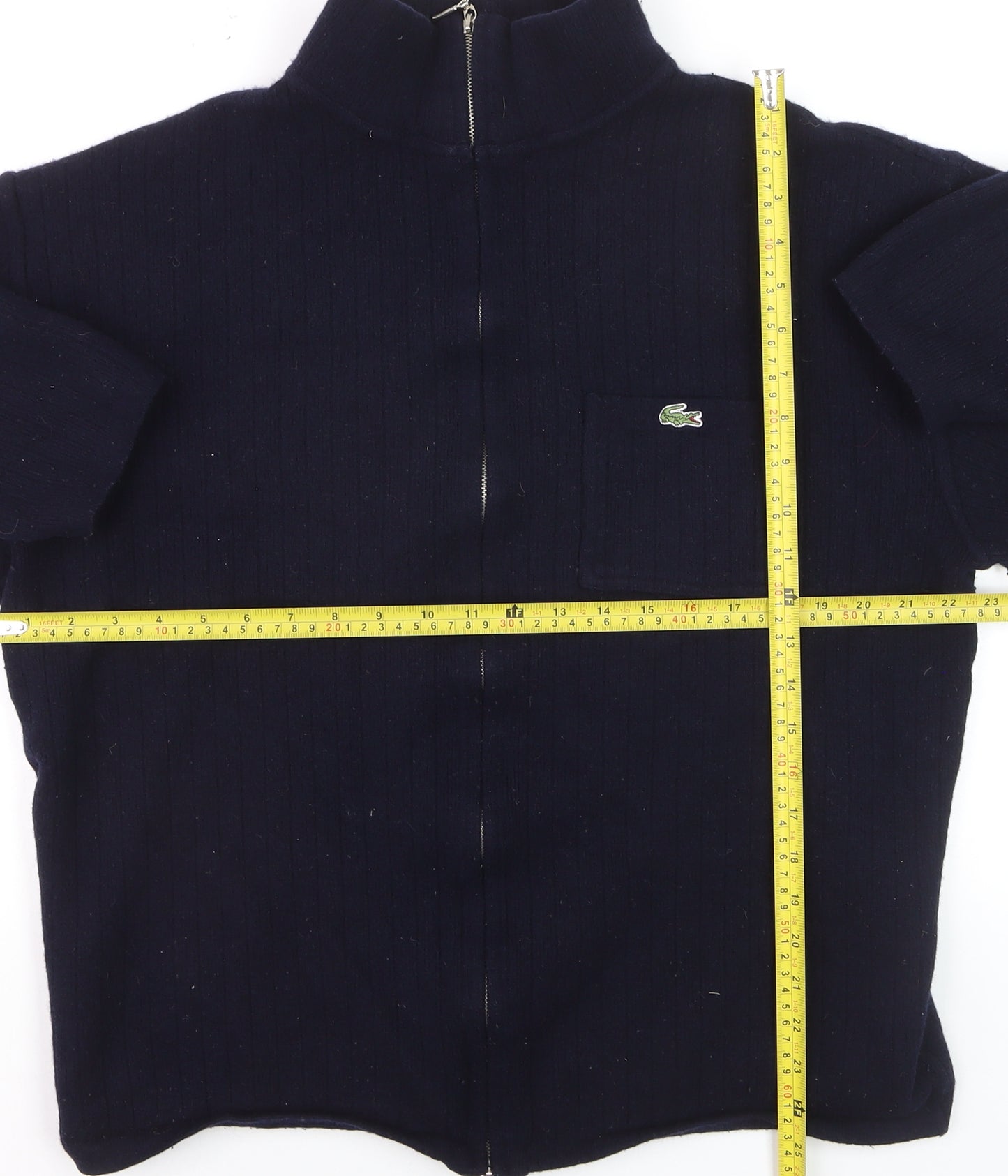 Lacoste Men's Blue Wool Full Zip Jumper 2XL High Neck Classic Knit