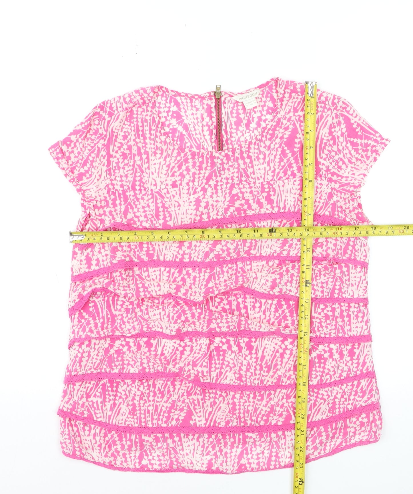 Monsoon Women's Pink Floral Ruffle Tunic Blouse Size 12