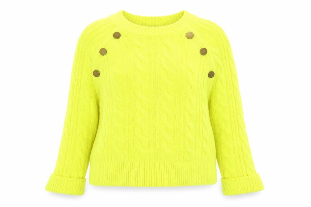 Front view of Next women’s yellow cable knit button jumper, size S