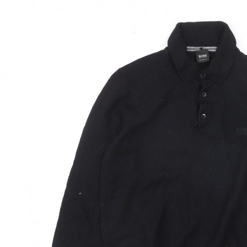Hugo Boss Mens Black Collared Henley Jumper Size L Regular Fit