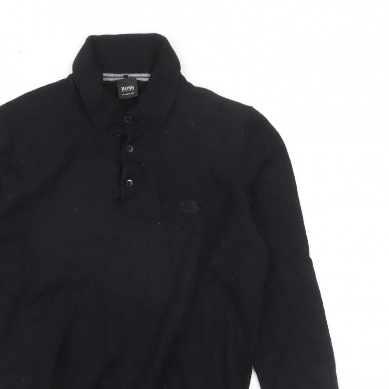 Hugo Boss Mens Black Collared Henley Jumper Size L Regular Fit