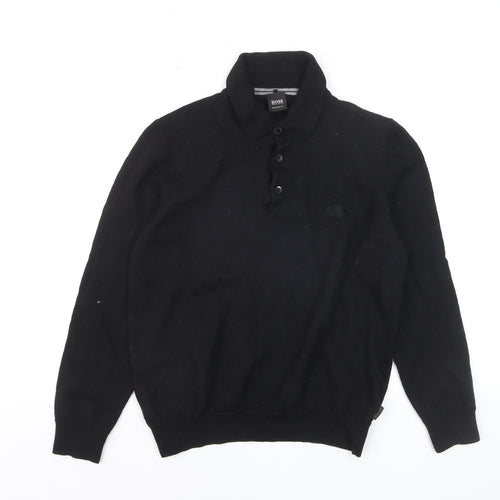 Hugo Boss Mens Black Collared Henley Jumper Size L Regular Fit