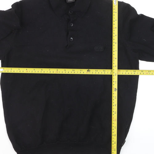 Hugo Boss Mens Black Collared Henley Jumper Size L Regular Fit