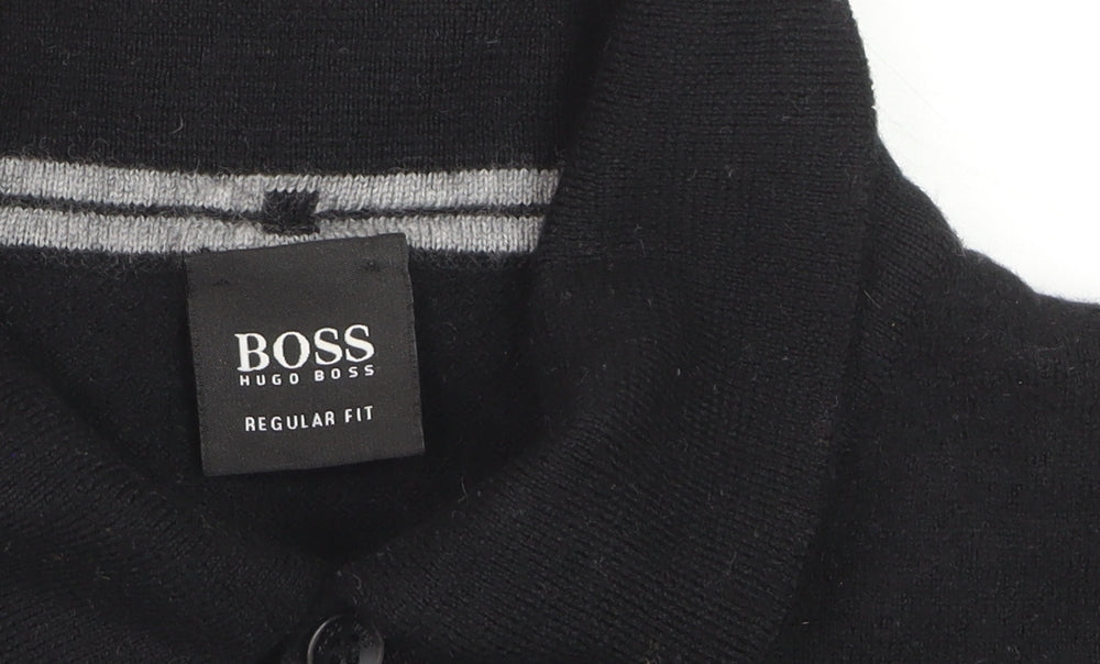 Hugo Boss Mens Black Collared Henley Jumper Size L Regular Fit