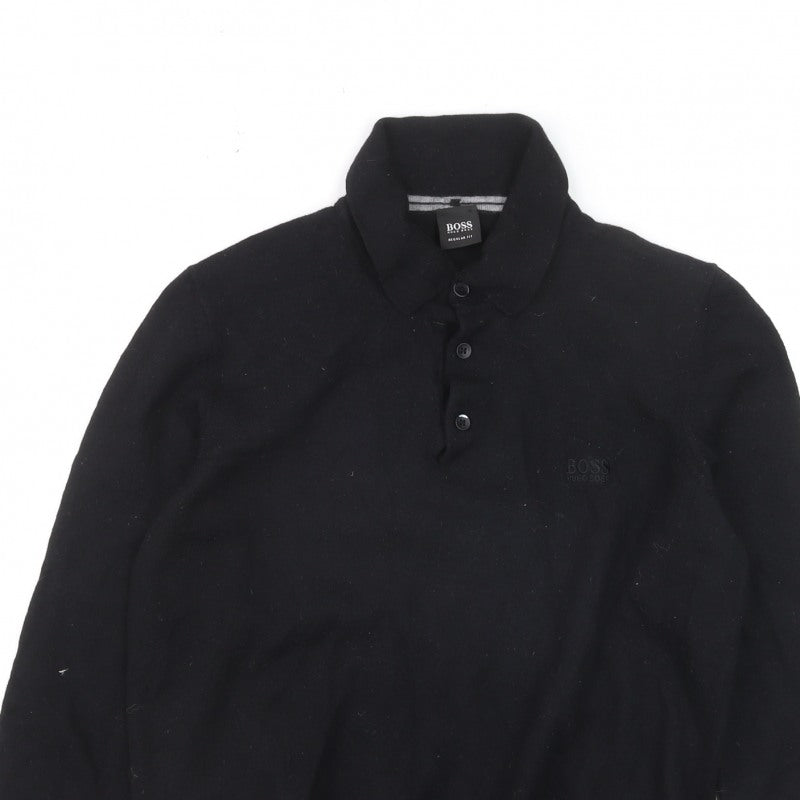 Hugo Boss Mens Black Collared Henley Jumper Size L Regular Fit