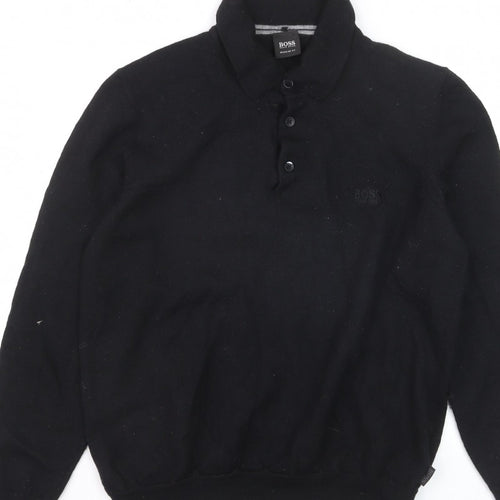 Hugo Boss Mens Black Collared Henley Jumper Size L Regular Fit
