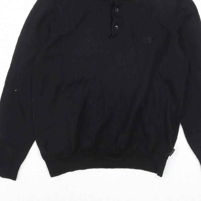 Hugo Boss Mens Black Collared Henley Jumper Size L Regular Fit