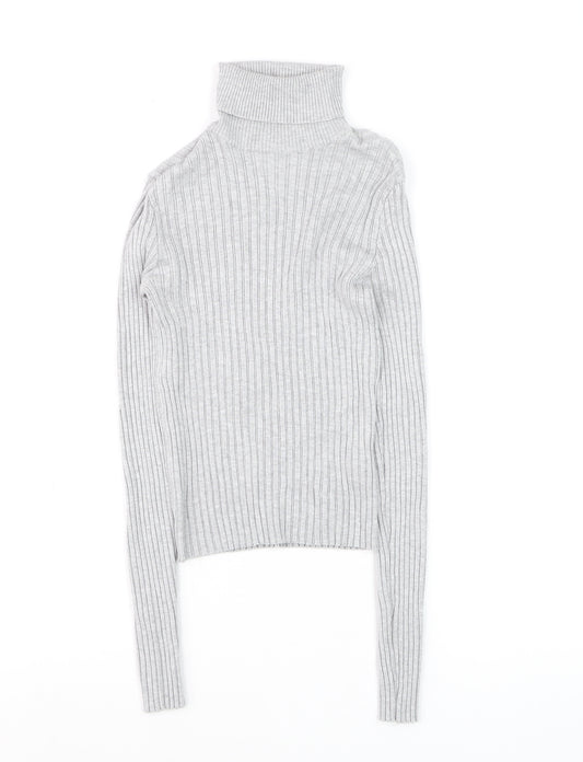Bershka Women Grey Roll Neck Ribbed Knit Jumper Size 12