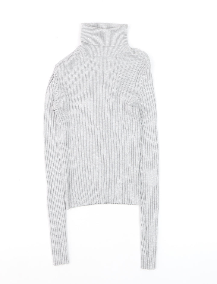 Bershka Women Grey Roll Neck Ribbed Knit Jumper Size 12