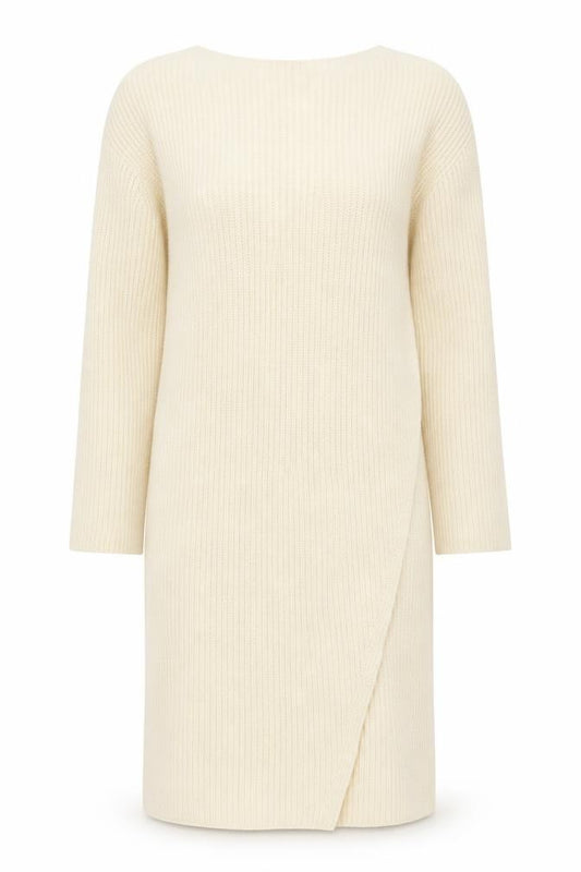Front view of Zara Women Ivory Knit Jumper Dress S/M Round Neck 3/4 Sleeve