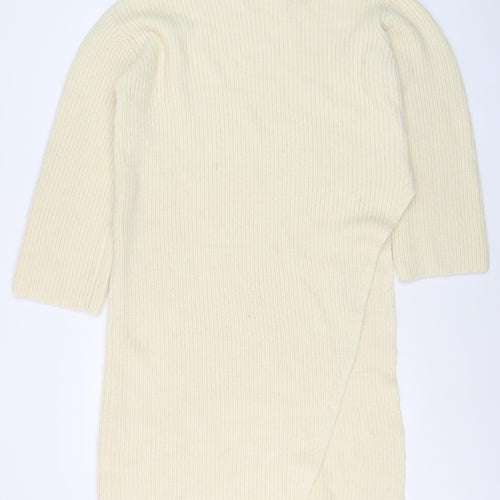 Zara Women Ivory Knit Jumper Dress S/M Round Neck 3/4 Sleeve
