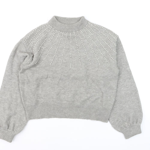 PrettyLittleThing Womens Grey Beaded Mock Neck Jumper Size S
