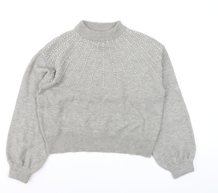 PrettyLittleThing Womens Grey Beaded Mock Neck Jumper Size S