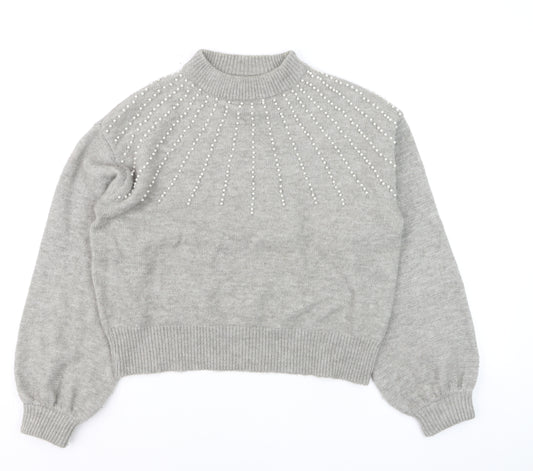 PrettyLittleThing Womens Grey Beaded Mock Neck Jumper Size S