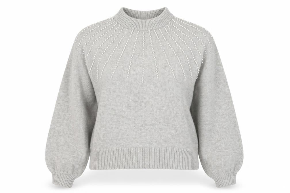 Front view of PRETTYLITTLETHING women’s grey beaded mock neck jumper, size S