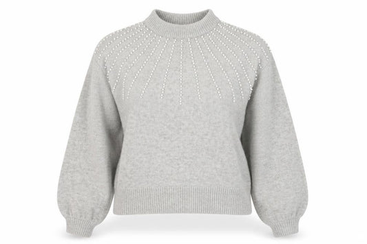Front view of PRETTYLITTLETHING women’s grey beaded mock neck jumper, size S