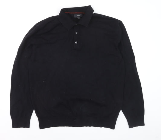 Next Men Black Cotton Collared Henley Jumper L Long Sleeve