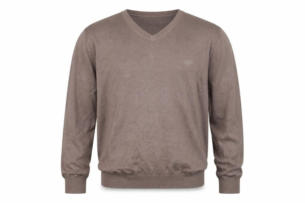 Front view of Umbro Men’s Brown V-Neck Cotton jumper, size M