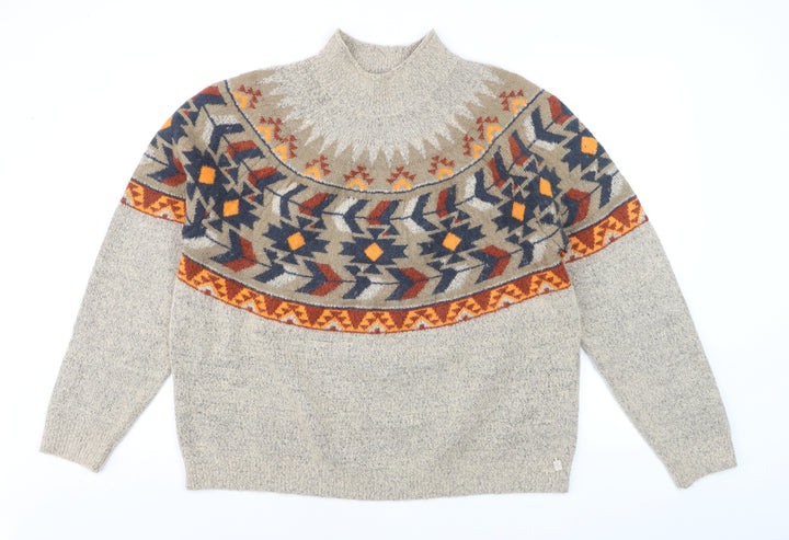 Weird Fish Womens Beige Aztec Knit Mock Neck Jumper Size 18