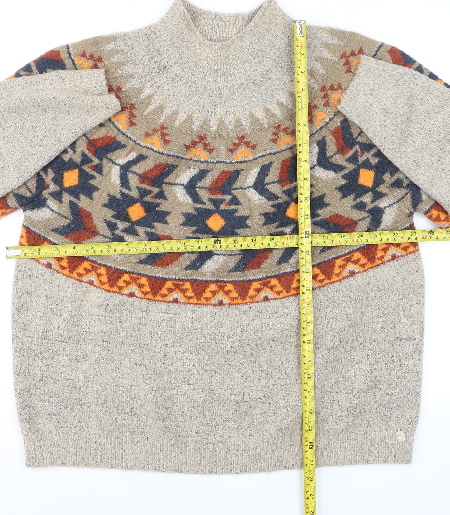 Weird Fish Womens Beige Aztec Knit Mock Neck Jumper Size 18