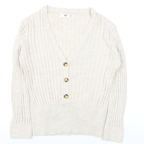 Mango Women Beige Ribbed V-Neck Button Cardigan Size 12