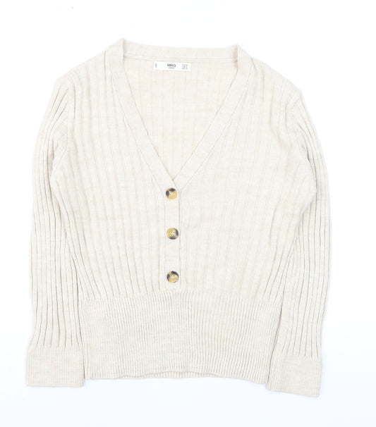 Mango Women Beige Ribbed V-Neck Button Cardigan Size 12