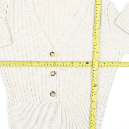 Mango Women Beige Ribbed V-Neck Button Cardigan Size 12