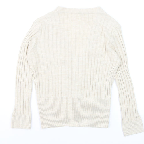 Mango Women Beige Ribbed V-Neck Button Cardigan Size 12