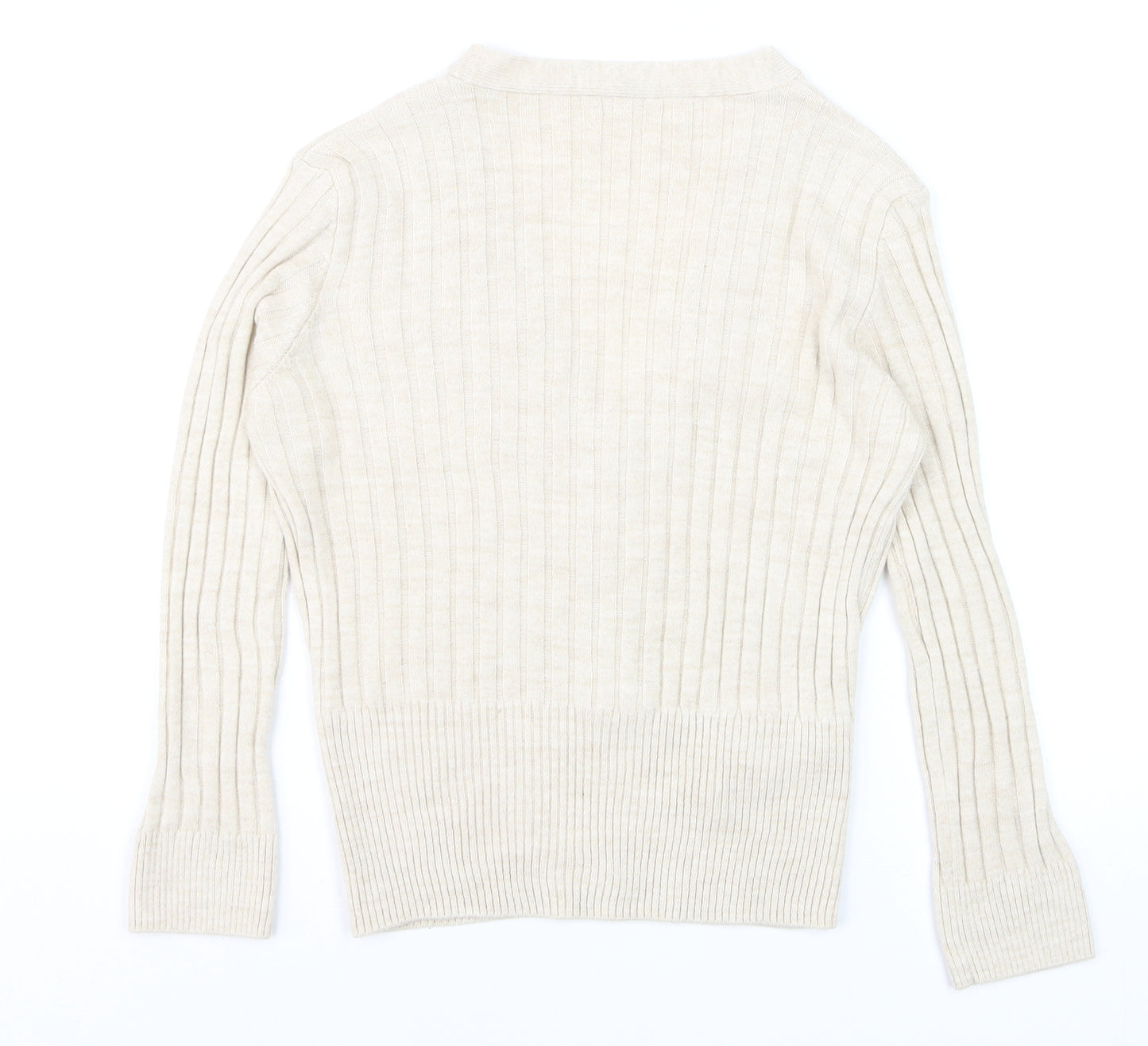 Mango Women Beige Ribbed V-Neck Button Cardigan Size 12