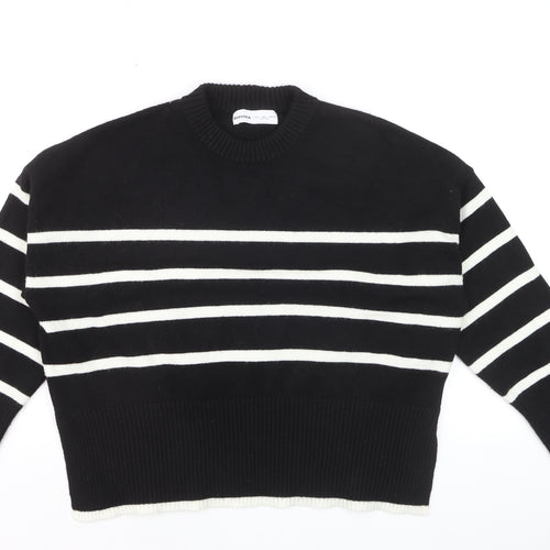 Bershka Womens Black Striped Knit Crew Neck Pullover Jumper Size S