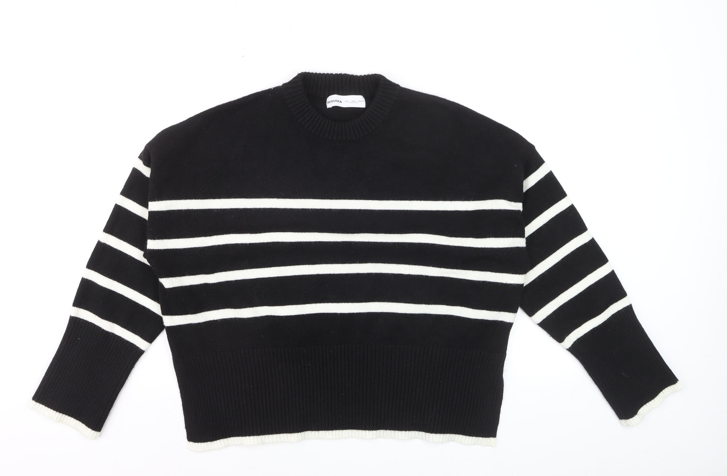 Bershka Womens Black Striped Knit Crew Neck Pullover Jumper Size S