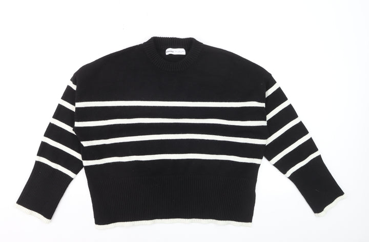 Bershka Womens Black Striped Knit Crew Neck Pullover Jumper Size S