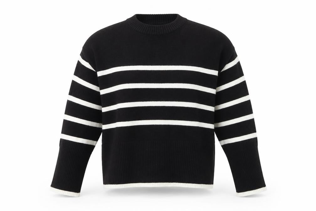 Front view of Bershka women’s black striped knit crew neck jumper, size S