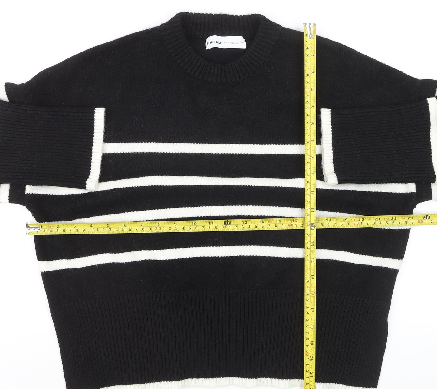 Bershka Womens Black Striped Knit Crew Neck Pullover Jumper Size S