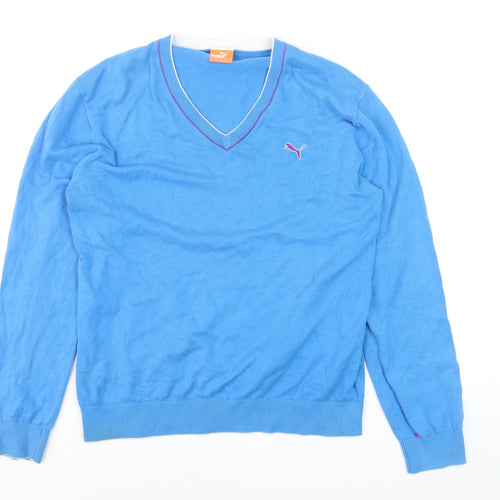 Puma Men's Blue V-Neck Cotton Pullover Jumper Size M