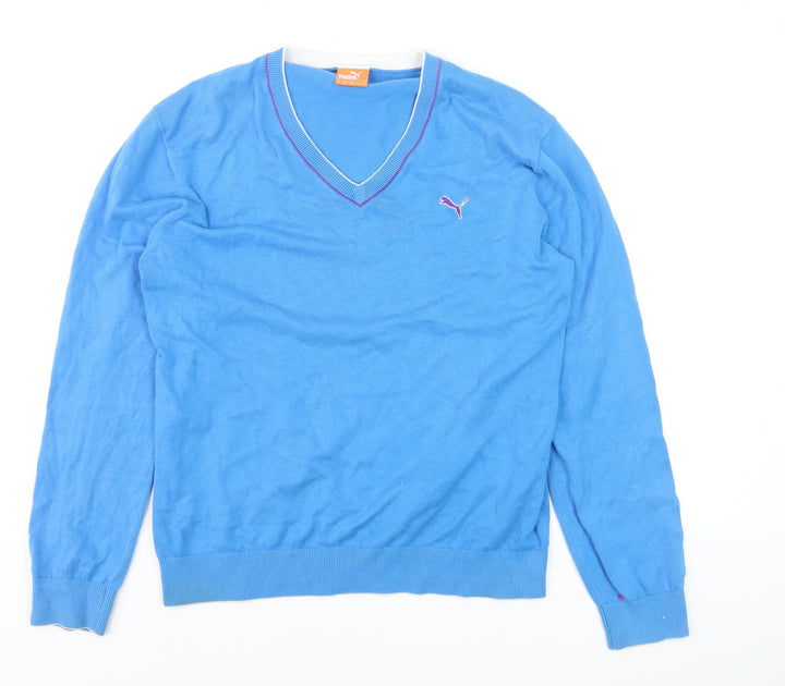 Puma Men's Blue V-Neck Cotton Pullover Jumper Size M