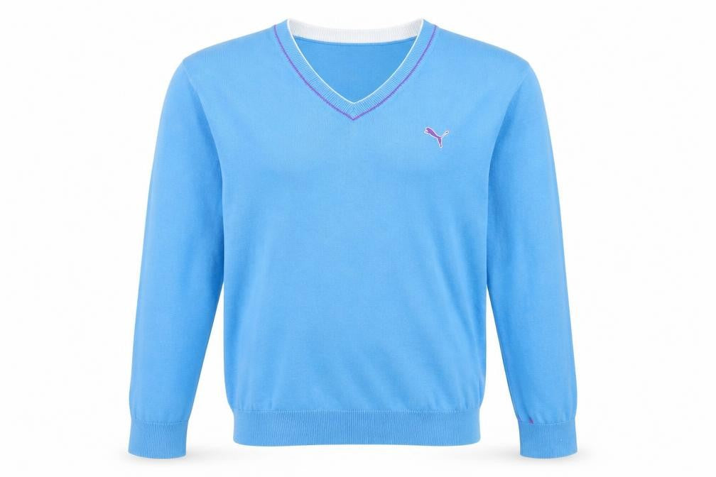 Front view of Puma Men's Blue V-Neck Cotton jumper, size M