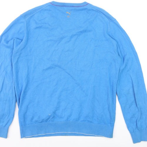 Puma Men's Blue V-Neck Cotton Pullover Jumper Size M